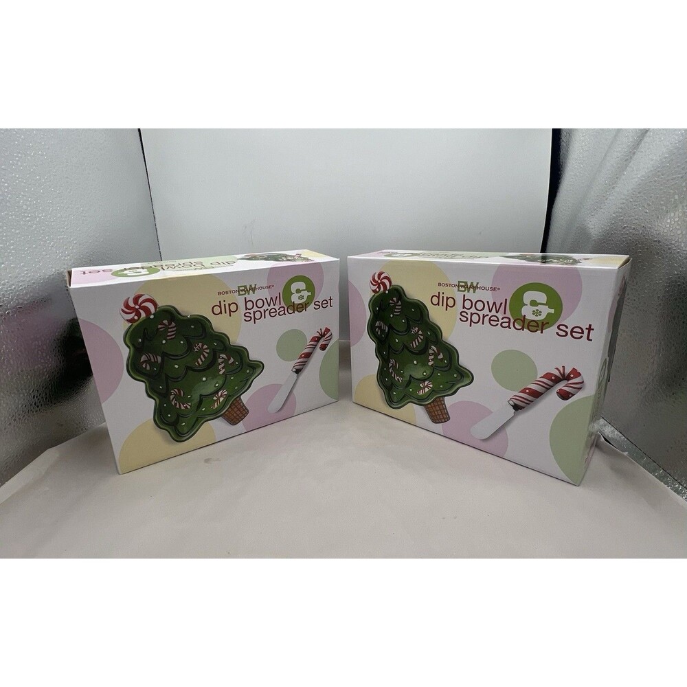 2 Boston Warehouse Christmas Tree Dip Bowl & Candy Cane Spreader Set Holiday